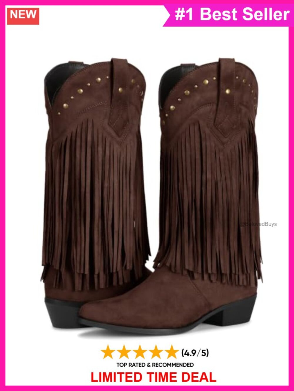 Faux Suede Fringe Cowboy Boots Mid Calf Chunky Heel Western